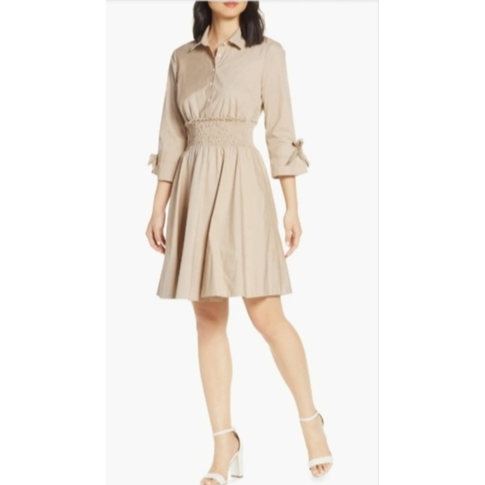 Eliza J‎ Tan Khaki Smocked Waist Shirt Dress with Tie Cuffs 3/4 Sleeve Size 18